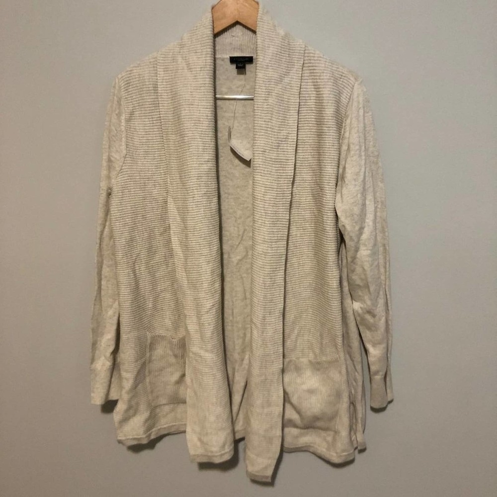 NWT Ann Taylor Factory Cardigan Ribbed Knit Cozy Open Front Pastel Cream Large